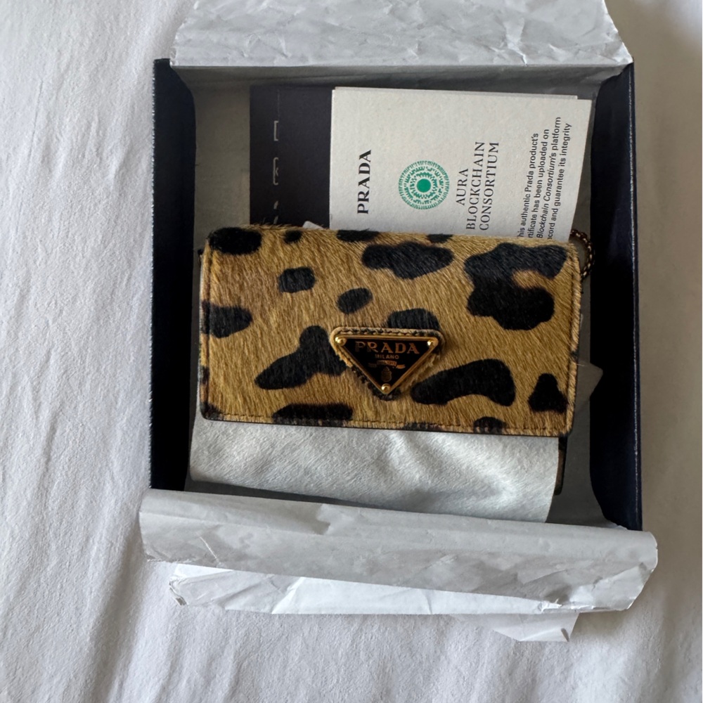 NWT Prada - Leopard Print Mini Bag | Printed leather card holder on gold chain - Picture 5 of 14
